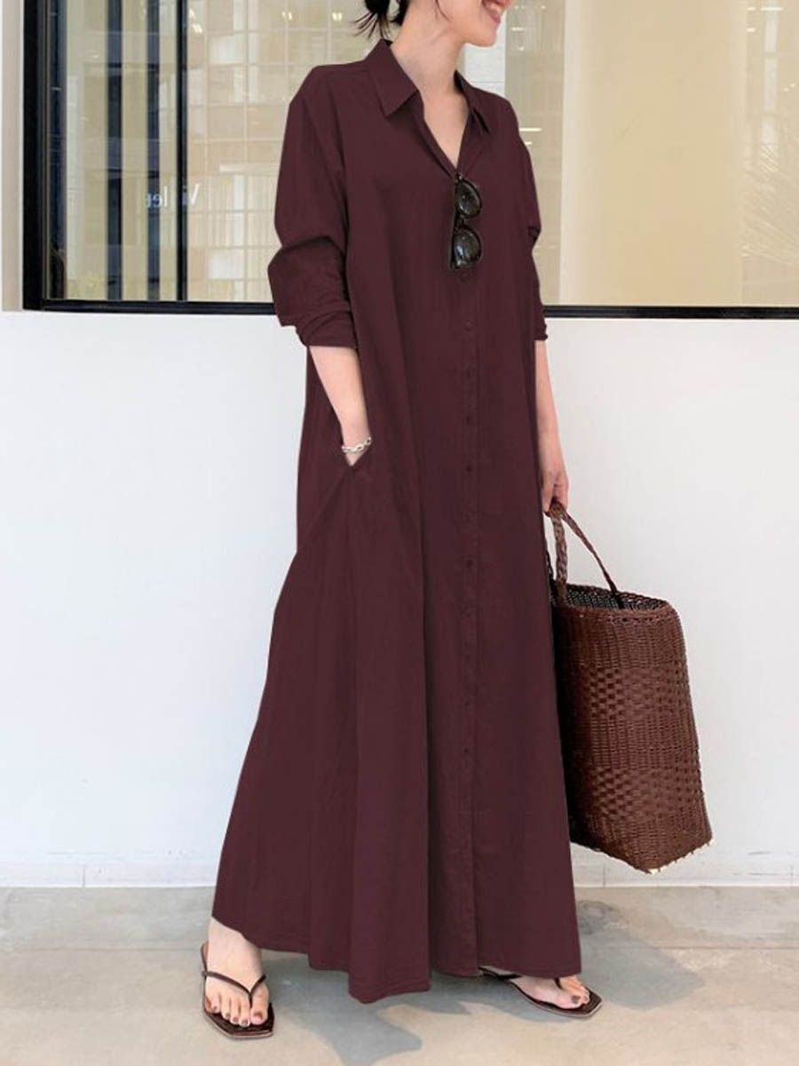 Women's Solid Color Casual Loose Elegant V-Neck Cotton And Linen Pocket Shirt Dress