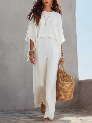 Graceful White Draped Pant Set