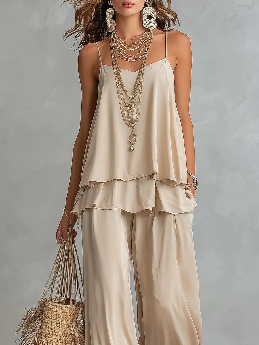 Minimalist Resort Style Beige Camisole Wide Leg Suit