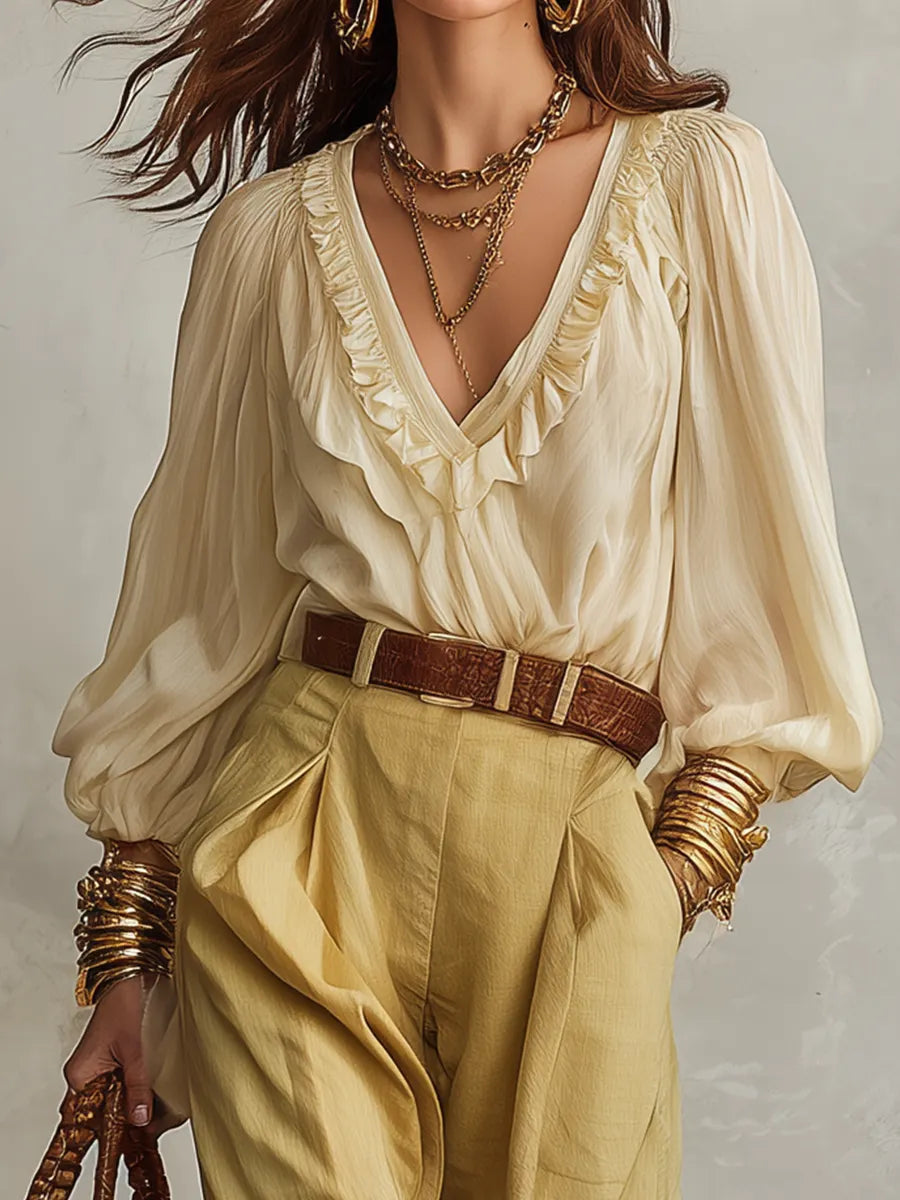 Refined Cream Ruffle Blouse & Tailored Trousers Set