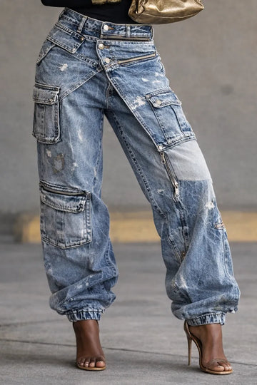 Women's Two-Piece Workwear Zipper Casual Jeans