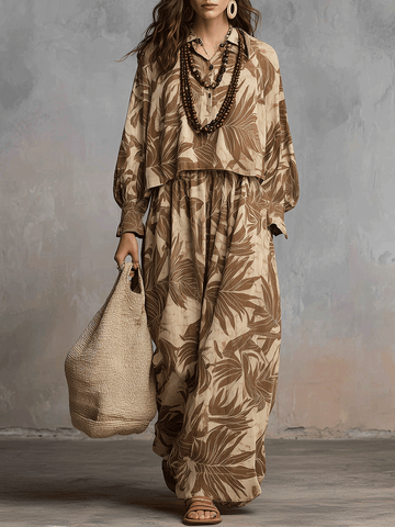 Earthy Leaf Print Bohemian Lounge Set