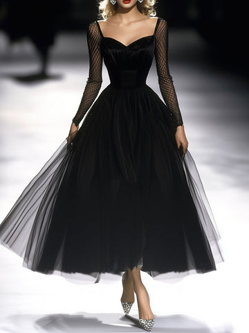 Retro Classic French Black Gauze Maxi Dress