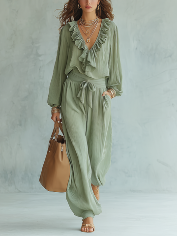 Ethereal Ruffled V-Neck Belted Wide-Leg Set