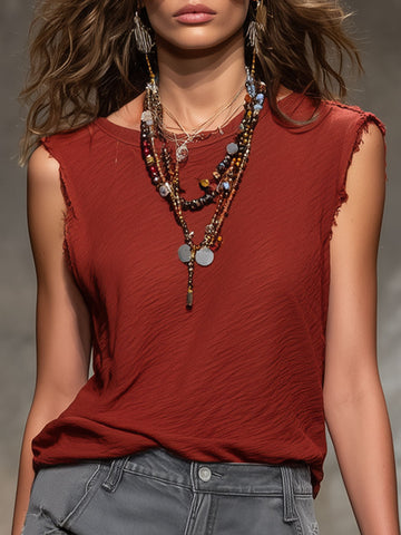 Casual Retro Deep Red Cotton Frayed Round Neck Top