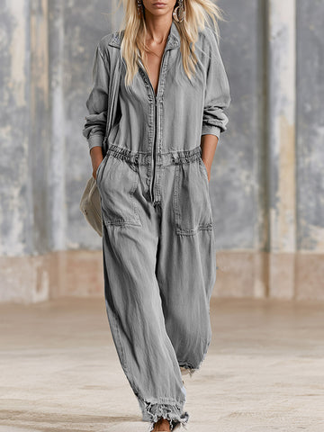 Casual Everyday Silhouette Grey Denim Long-sleeve Jumpsuit