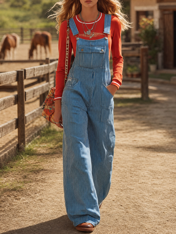 Striped Denim Overalls – American Vintage Adjustable-Strap Wide-Leg Jumpsuit