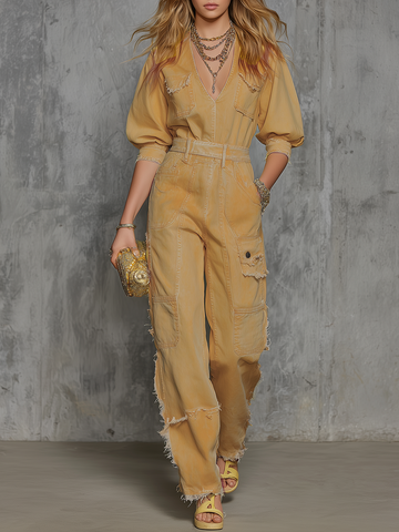 western off-shoulder long-sleeve double-breasted belted denim dress