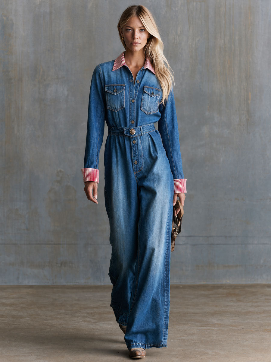 Retro Striped Collared Blue Button Denim Jumpsuit
