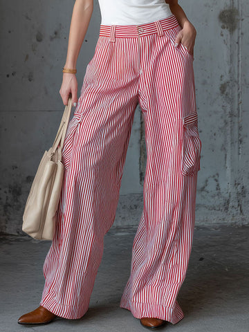 Casual Retro Red And White Striped Cargo Jeans