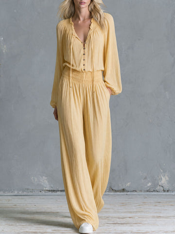 Retro Casual Yellow Long-sleeved Button Cotton Jumpsuit