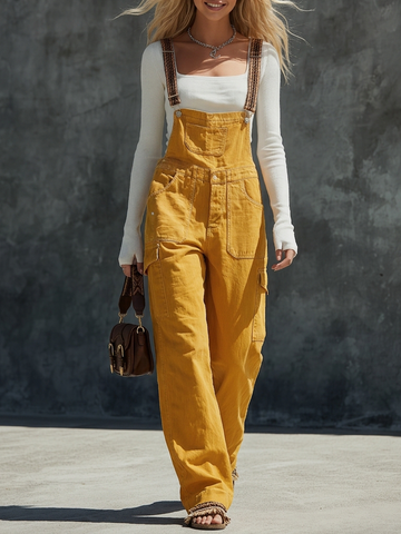 retro workwear woven-strap big-pocket overall jumpsuit