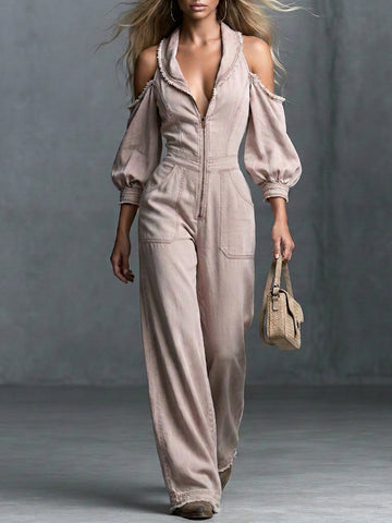 resort off-shoulder deep-v zip raw-hem wide-leg denim jumpsuit