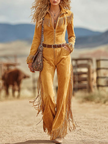 Retro Western Mustard Faux-Suede Fringe Zip-Front Belted Wide-Leg Jumpsuit