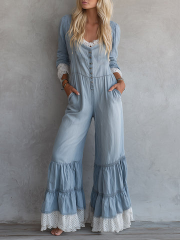 Chic Casual Color-Block Trim Light Blue Long-Sleeve Wide-Leg Jumpsuit