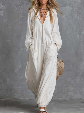 Retro Bohemian Hooded V-neck Front Zip Lace Trim Long-sleeved White Cotton Jumpsuit