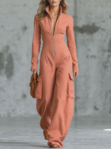 Retro Orange Striped Stand-up Collar Half-zip Long-sleeved Cotton Jumpsuit