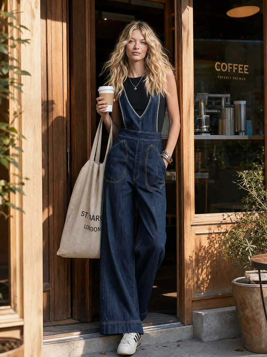 retro deep-v striped wide-strap denim overalls