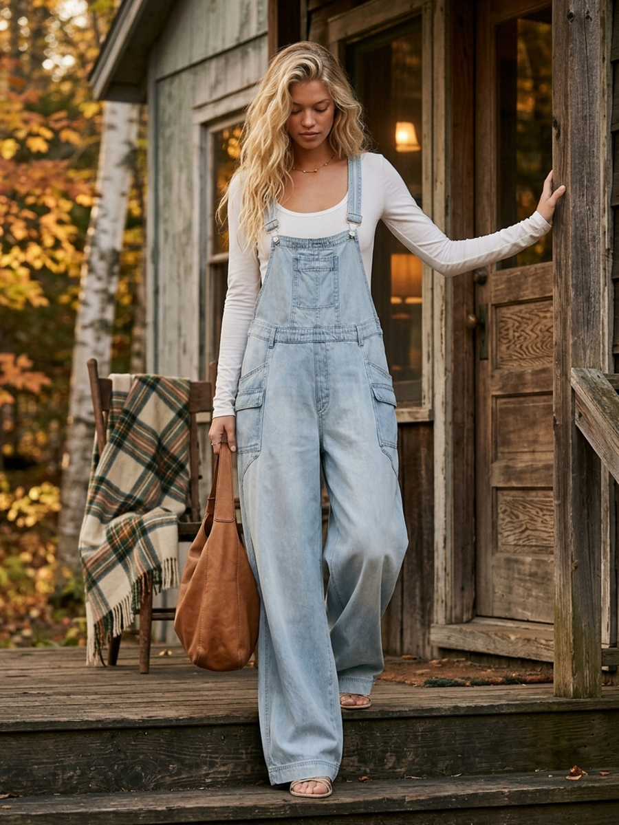 casual workwear big-pocket denim jumpsuit