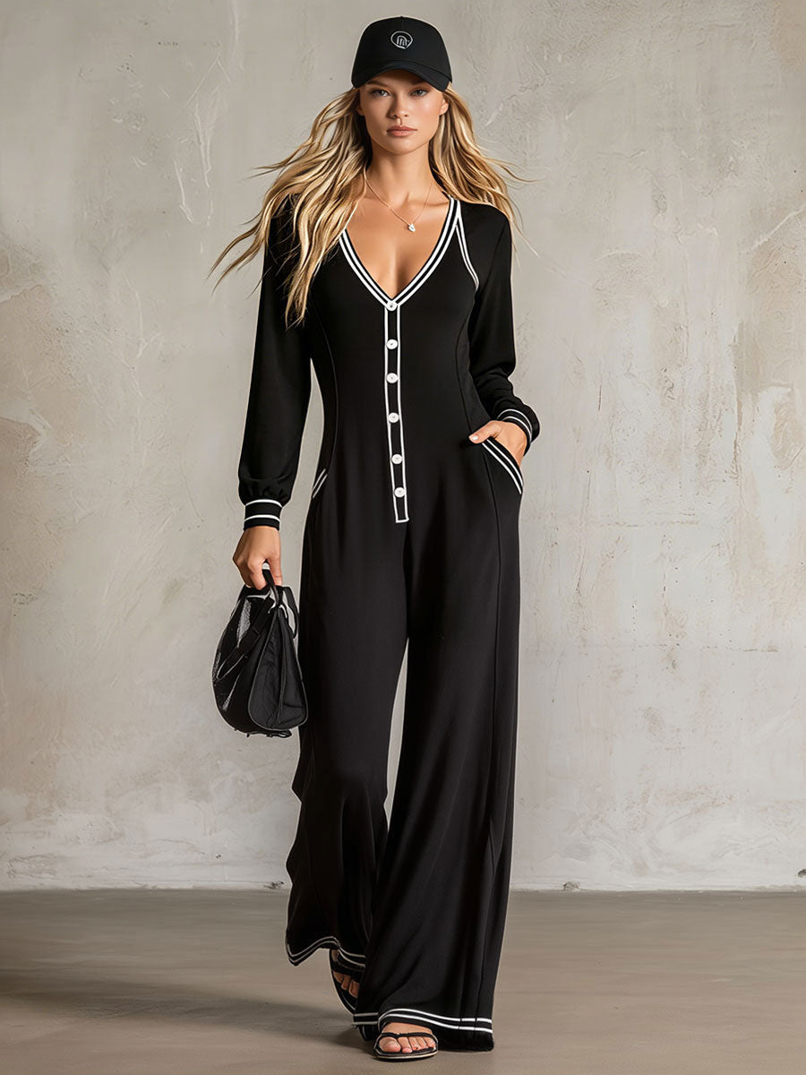 Sporty Retro Color-blocked Striped Black Cotton Long-sleeved Wide-leg Jumpsuit
