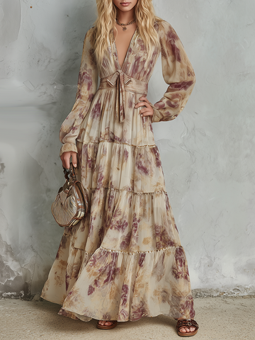 Vintage-style Casual Yet Elegant Western-inspired Printed Chiffon Dress