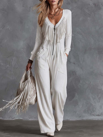Casual Retro Western V-Neck Long-sleeved And Fringe White Faux Suede Jumpsuit