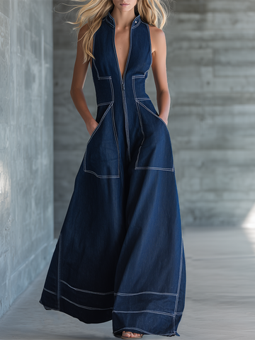 retro workwear contrast-color topstitch denim jumpsuit