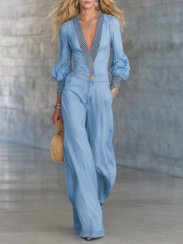 elegant deep-v striped piped puff-sleeve denim jumpsuit