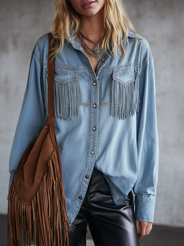 Chic & Casual Fringed Light Blue Denim Shirt