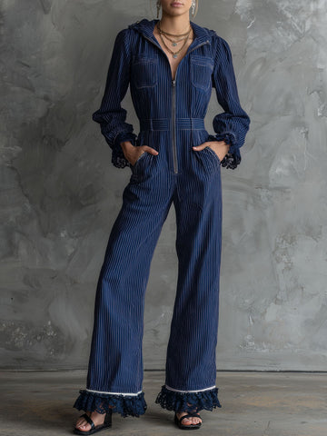 Fashionable Retro Lace-trimmed Dark Blue Striped Zip-up Hooded Jumpsuit