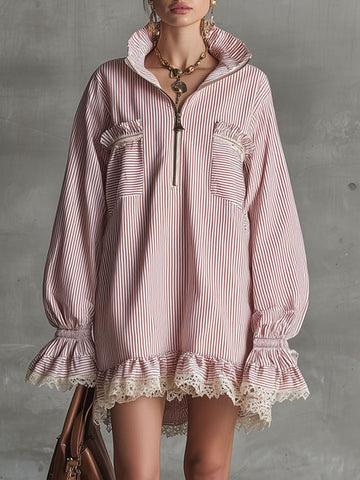 Fashionable Retro Lace Ruffle Half-zip Pink Striped Long-sleeved Mini Dress