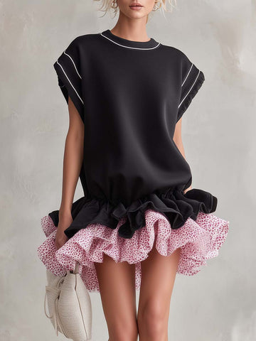 Sporty Black Floral Ruffle-Hem Cap-Sleeve Cotton Mini Dress