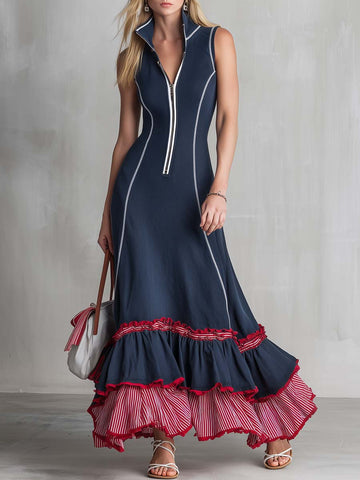 Retro Nautical Navy Striped Ruffle-Hem Half-Zip Sleeveless Maxi Dress