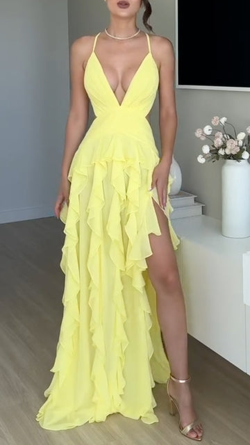 Women's Yellow Deep V-Back Ruffle Slit Maxi Dress