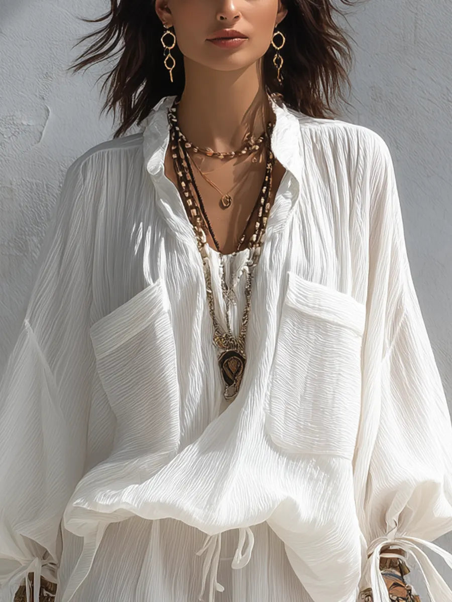 Bohemian White Pleated Tie-front Top And Shorts Set