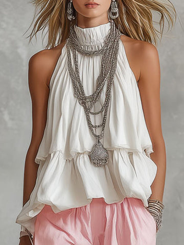 High-necked Sleeveless Cotton Blend Top
