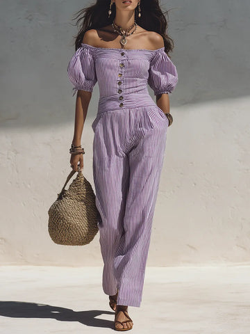 Mediterranean Boho Puff Sleeve Striped Co-Ord Pants Set
