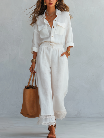 Elegant Shirt & Lace-Trim Wide-Leg Pant Set