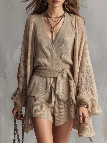 Effortless Sand Wrap Knit Short Set