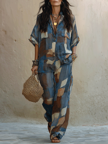 Effortless Boho Abstract Print Two-Piece Blue Brown Set