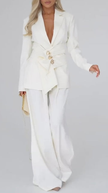 Women's 2 Piece White Blazer Set Deep V Neck Wrap Waist Blazer with Gold Buttons + High Waist Wide Leg Pants Formal Outfit