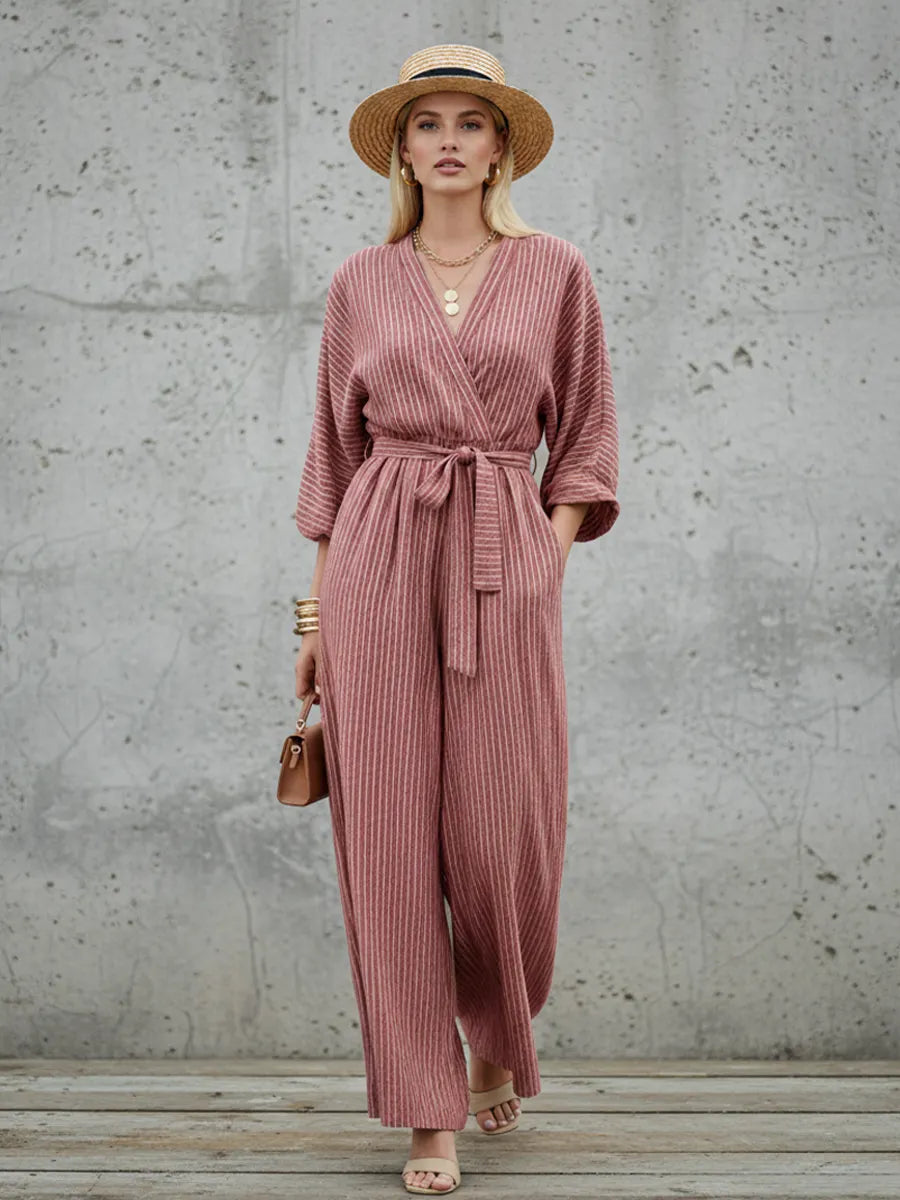 Women's Casual Dusty Pink And White Linen-Cotton Striped V-Neck Waisted Wide-Leg Jumpsuit MDZ2146D4GMJ