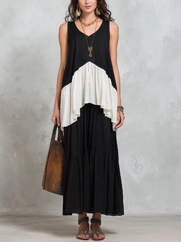 Elegant Black Colorblock Layered Skirt Set