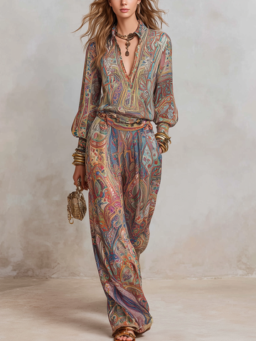 Exquisite paisley print wide leg pantsuit
