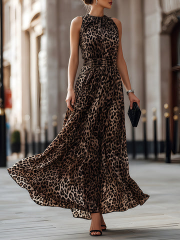 Sleeveless Leopard Print Flowing Maxi Dress