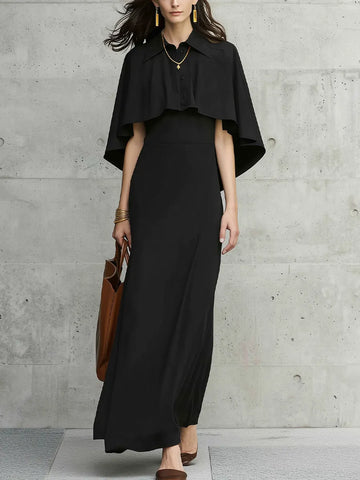 Elegant Black Cape Sleeve Button Front Maxi Dress
