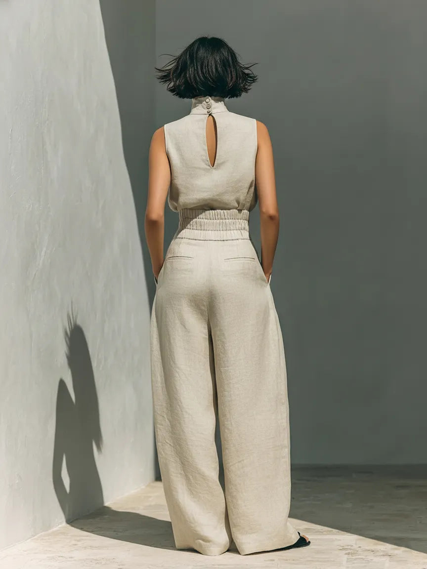 Women's Minimalist Cotton And Linen Blend Sleeveless Blouse And Wide-leg Pants Set MDZ0873A5Y