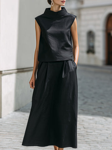 Linen-Blend High Neck Sleeveless Top & Maxi Skirt Two-Piece Set