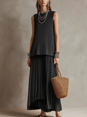 Black Minimalist Sleeveless Top And Flowing Trousers Set
