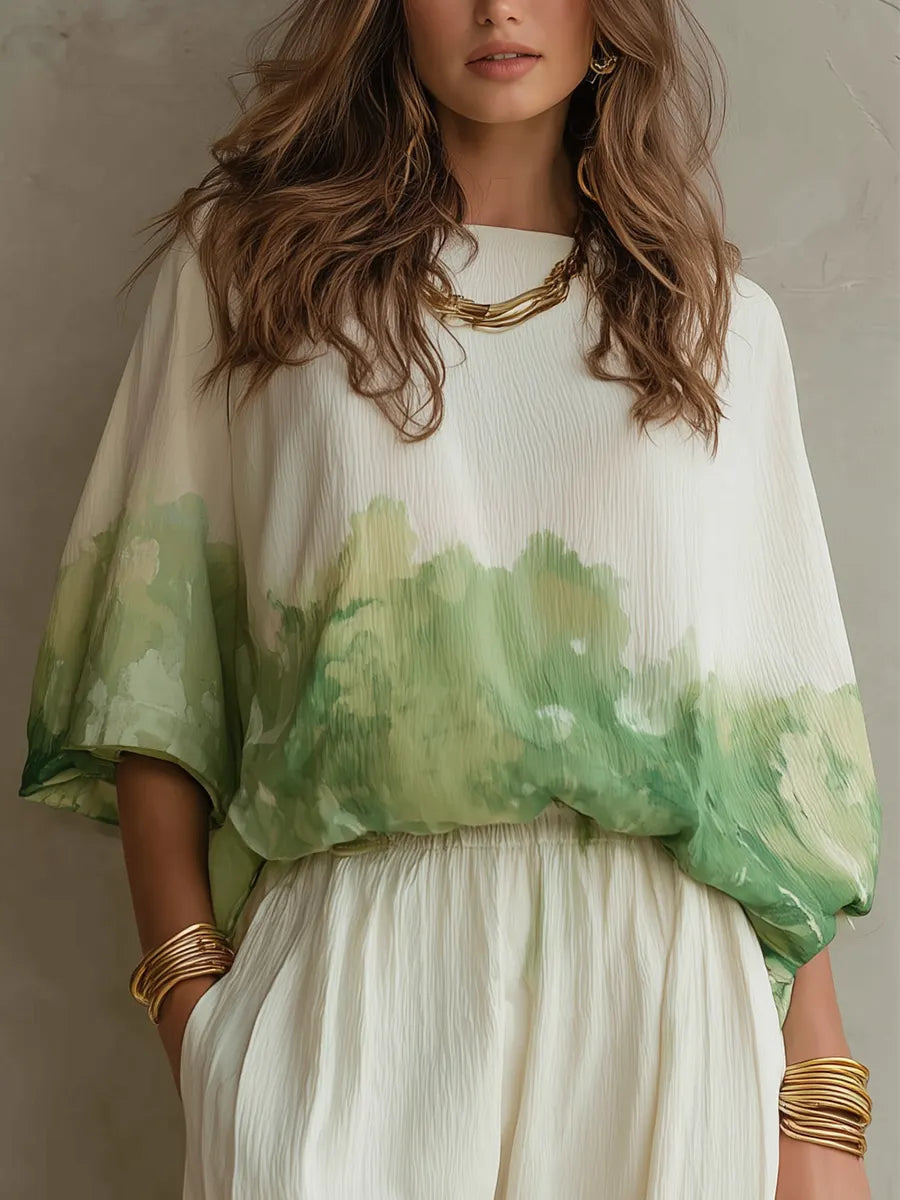 Watercolor Print Wide-Leg Pants Set